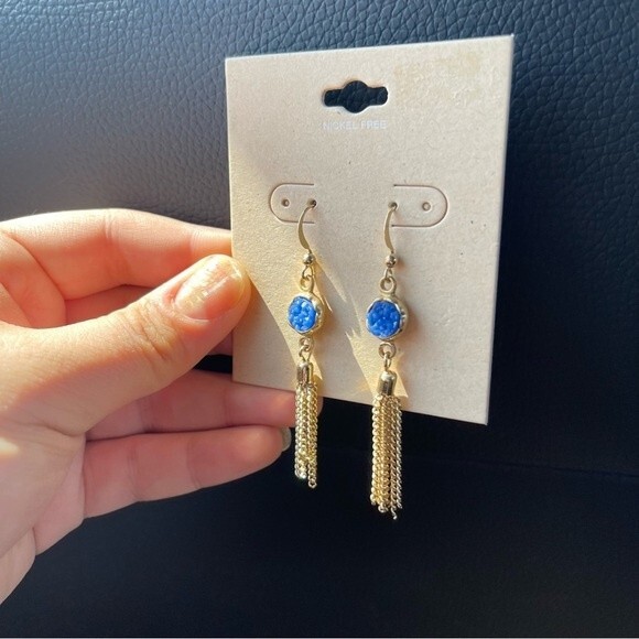 Gold and blue nickel free drop down chain earrings  2.5 inches - Picture 4 of 8